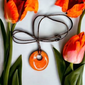 Boho necklace brand new leather cord lucite pendant handmade orange brown